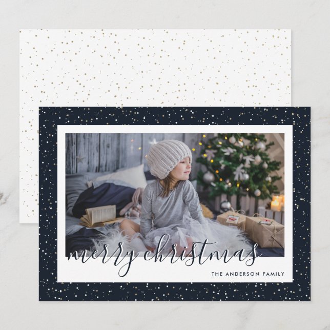 Snowy Blue Gold Family Photo Merry Christmas Holiday Card (Front/Back)