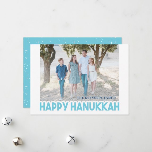 Snowy Blue Happy Hanukkah Photo Card (Front/Back In Situ)