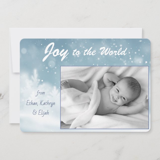 Snowy Blue Joy to the World Christmas Holiday Card (Front)