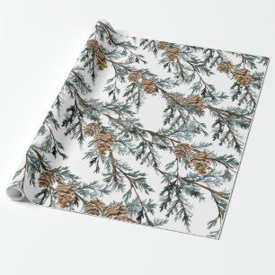 Snowy Blue Juniper Branches & Cones Wrapping Paper