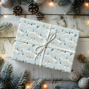 Snowy Blue Minimalist Christmas Village  Wrapping Paper