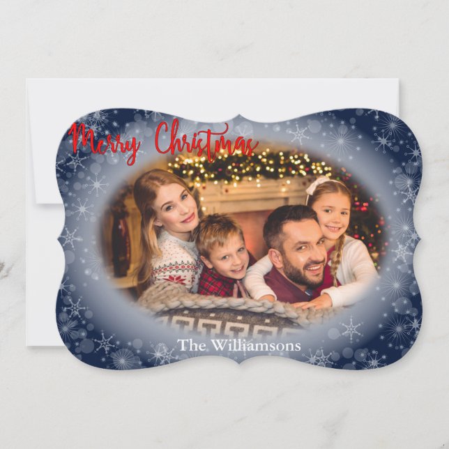 Snowy Blue Oval Photo Frame Christmas Fancy Cut Holiday Card (Front)