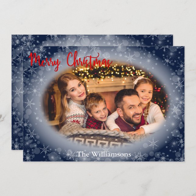 Snowy Blue Oval Photo Frame Christmas Holiday Card (Front/Back)