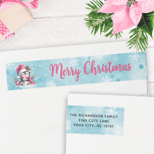 Snowy Blue Pink Penguin Merry Christmas Address Wrap Around Label