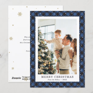 Snowy Blue Plaid Photo Merry Christmas Card