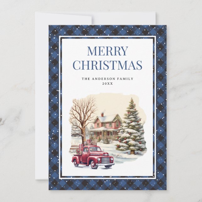 Snowy Blue Plaid Red Truck Merry Christmas Card (Front)