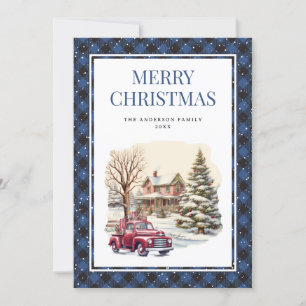 Snowy Blue Plaid Red Truck Merry Christmas Card