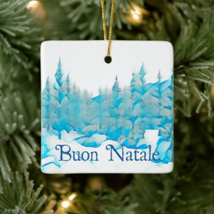 Snowy Blue Trees - Buon Natale Ceramic Ornament