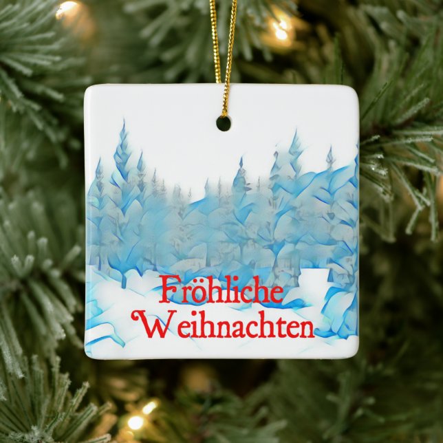 Snowy Blue Trees - Fröhliche Weihnachten Ceramic Ornament (Tree)