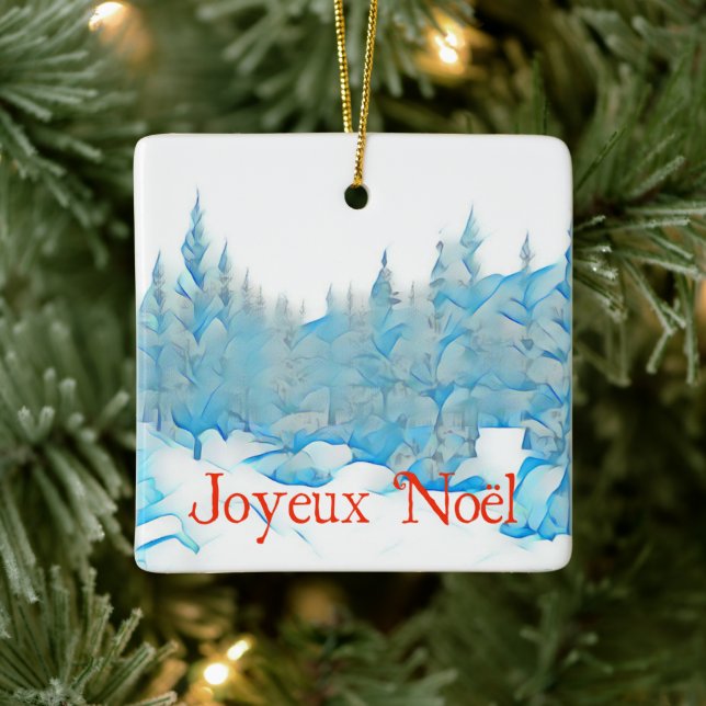 Snowy Blue Trees - Joyeux Noël Ceramic Ornament (Tree)