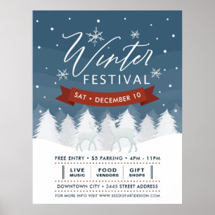 Snowy Blue Winter Festival Trees & Deer Event Poster