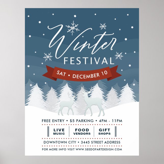 Snowy Blue Winter Festival Trees & Deer Event Poster (Front)