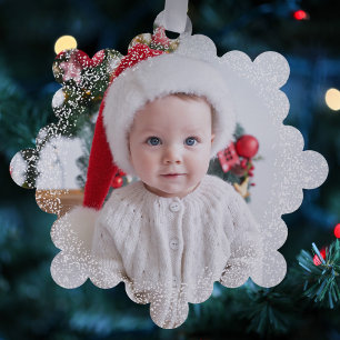 Snowy border simple one photo red Merry Christmas Tree Decoration Card