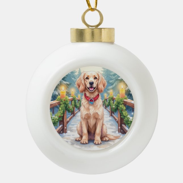 Snowy Bridge Boykin Spaniel Christmas Art Ceramic Ball Christmas Ornament (Front)
