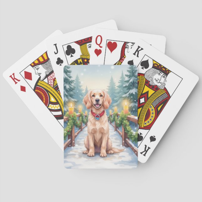 Snowy Bridge Boykin Spaniel Christmas Art Playing Cards (Back)