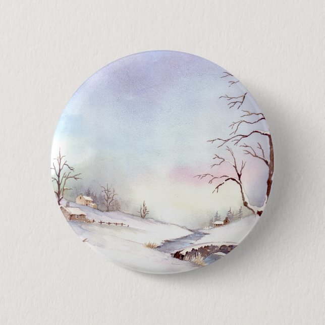 Snowy Bridge Watercolor Landscape Painting 6 Cm Round Badge (Front)