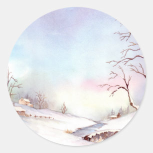 Snowy Bridge Watercolor Landscape Painting Classic Round Sticker