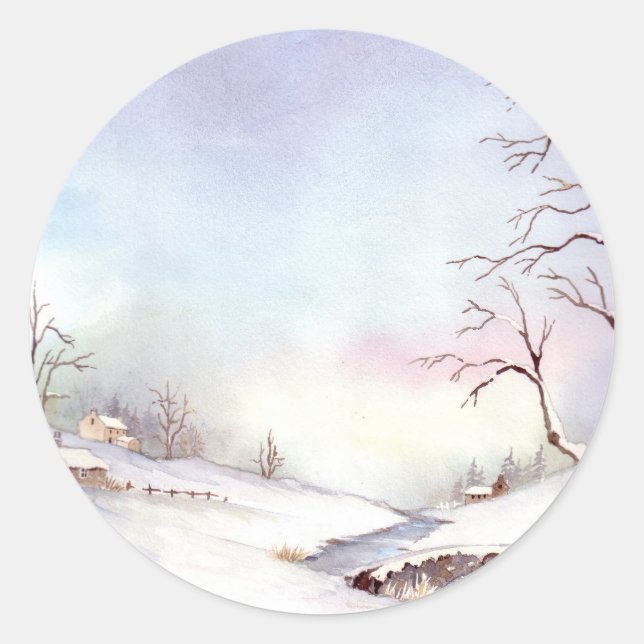 Snowy Bridge Watercolor Landscape Painting Classic Round Sticker (Front)