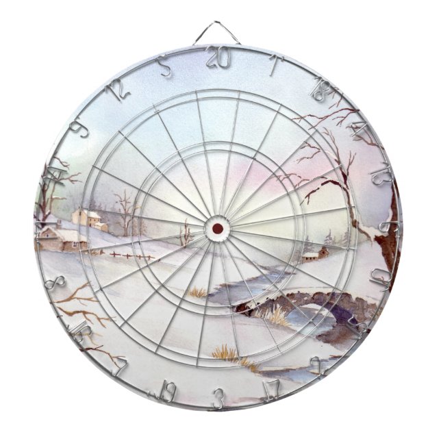 Snowy Bridge Watercolor Landscape Painting Dartboard (Front)
