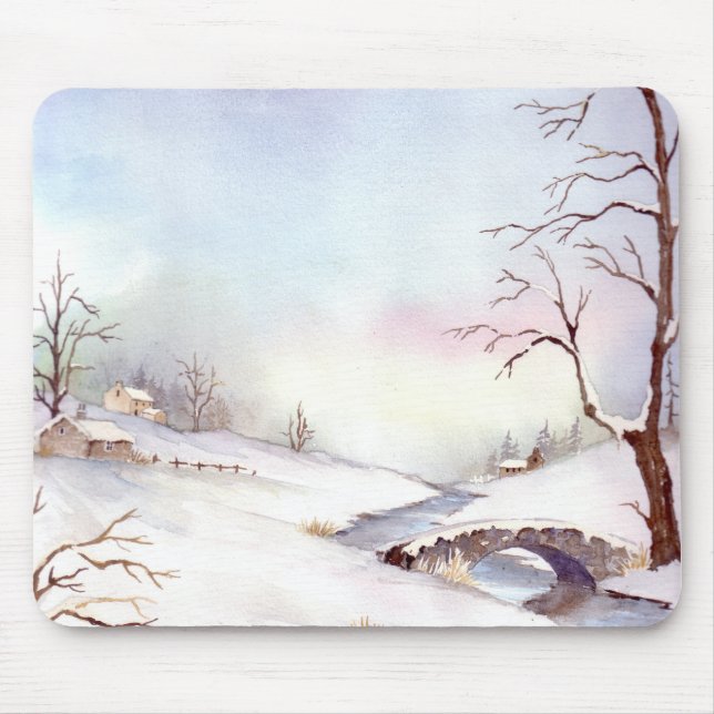 Snowy Bridge Watercolor Landscape Painting Mouse Mat (Front)