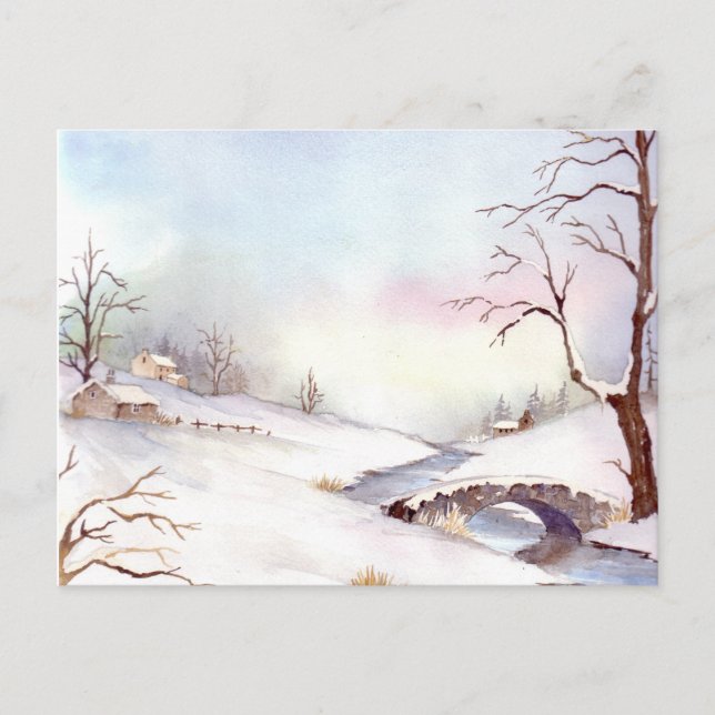 Snowy Bridge Watercolor Landscape Painting Postcard (Front)