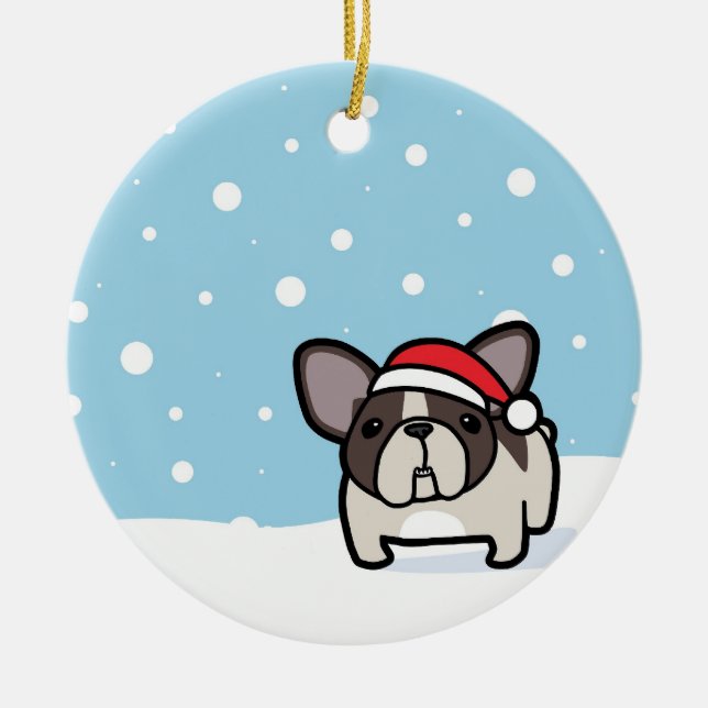 Snowy Brindle Pied Frenchie Ceramic Tree Decoration (Front)