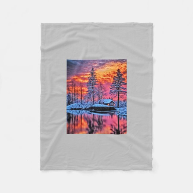 Snowy Cabin in the Woods Fleece Blanket (Front)