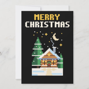 Snowy Cabin Pixel Art Christmas Card