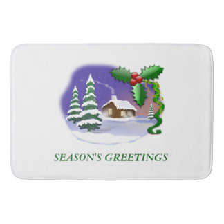 Snowy Cabin with Trees Large Bath Mat