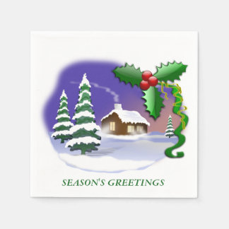 Snowy Cabin with Trees Napkin