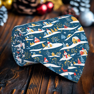 Snowy Cabins & Evergreen Trees Winter Necktie