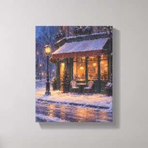 Snowy Café at Blue Hour Cosy Winter Canvas Print