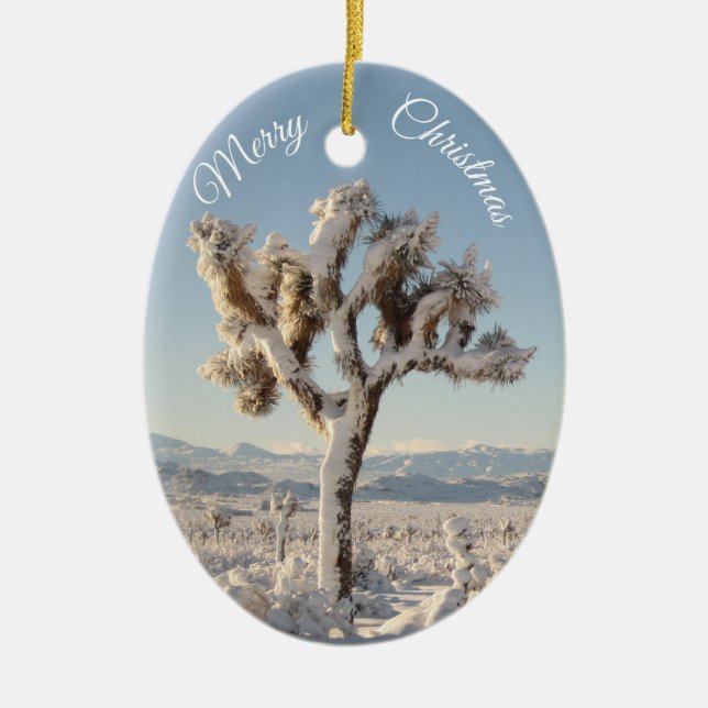 Snowy California Desert Christmas Ceramic Tree Decoration (Front)