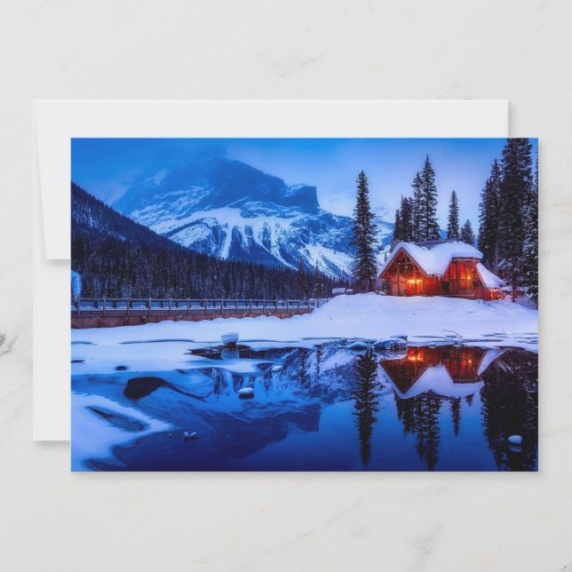 Snowy Canadian Cabin, Canadian Sunset Holiday Card (Front)