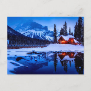 Snowy Canadian Cabin, Canadian Sunset  Postcard