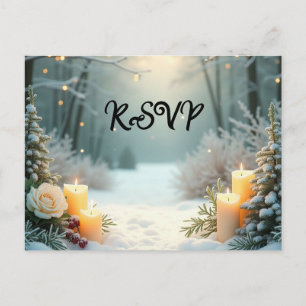 Snowy Candlelit Frosted Evergreens Invitation Postcard