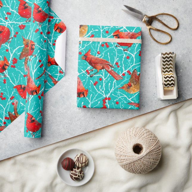Snowy Cardinals Winterberries Christmas/Deep Cyan Wrapping Paper (Crafts)