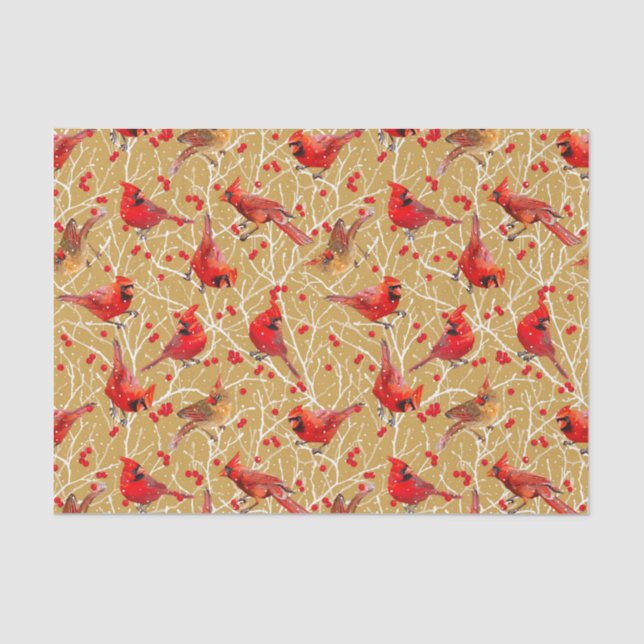 Snowy Cardinals + Winterberries Christmas | Golden Tissue Paper (Front)