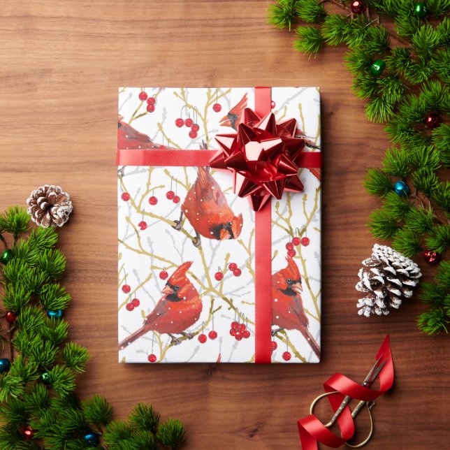Snowy Cardinals + Winterberries Christmas | White  Wrapping Paper (Holiday Gift)