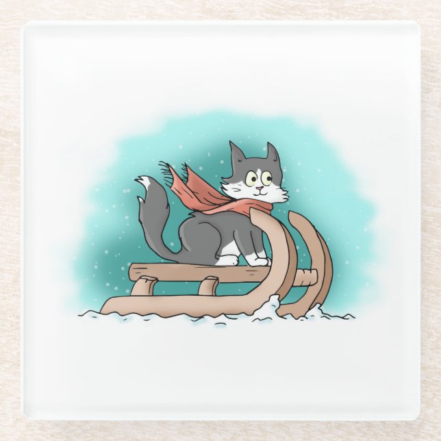 Snowy Cartoon Cat on Sled with Scarf Glass Coaster (Front)