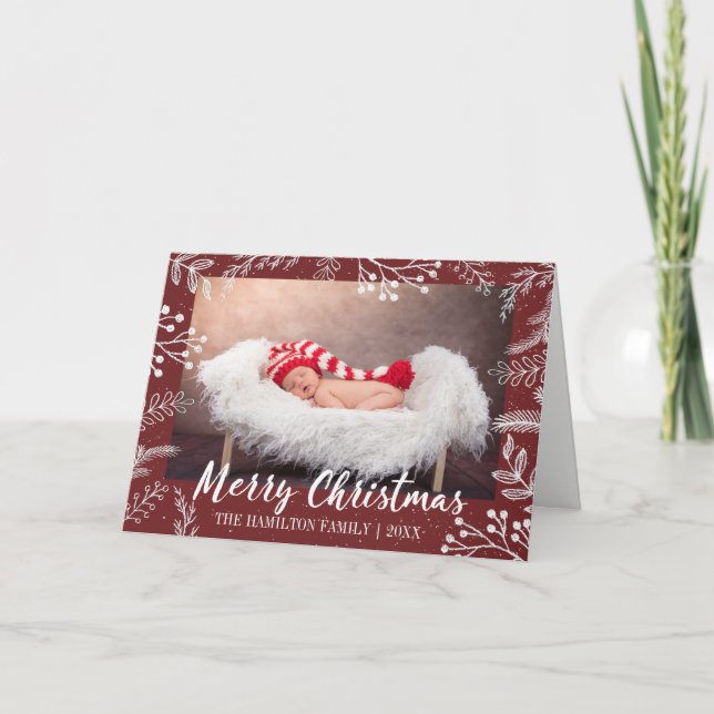 Snowy Chalk Branches Color Editable Photo Holiday Card (Front)