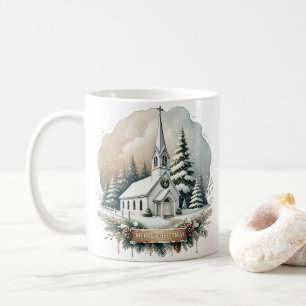 Snowy Chapel at Night Glowing Christmas Scene Coffee Mug