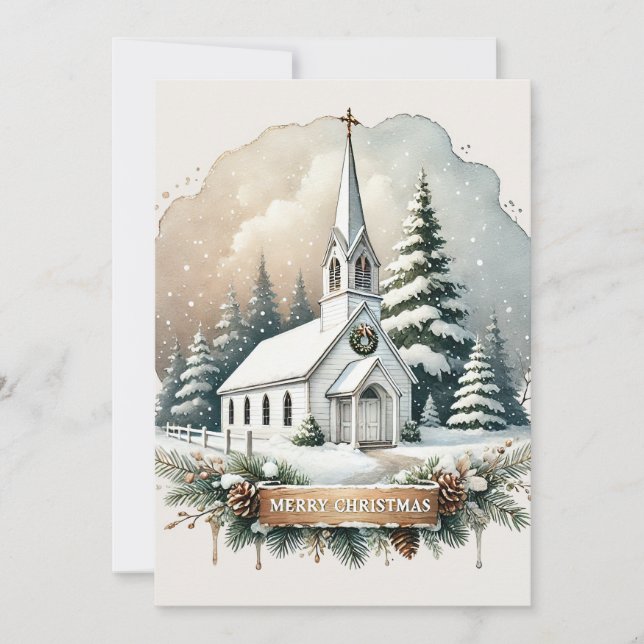 Snowy Chapel at Night | Glowing Christmas Scene Holiday Card (Front)