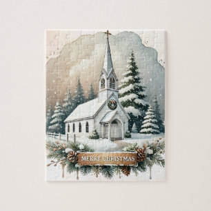 Snowy Chapel at Night Glowing Christmas Scene Jigsaw Puzzle
