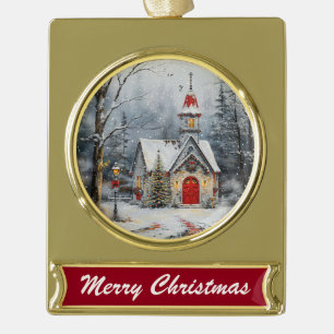 Snowy Chapel Glow Gold Plated Banner Ornament