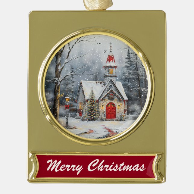 Snowy Chapel Glow Gold Plated Banner Ornament (Front)