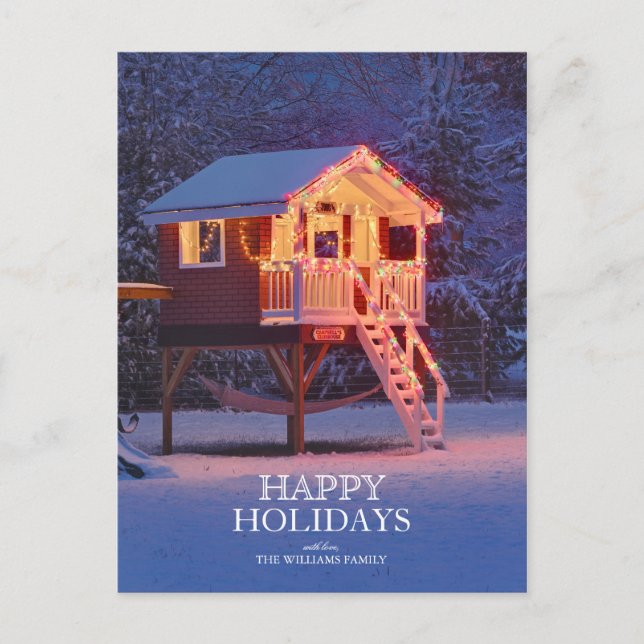 Snowy Child's Playhouse with Christmas Lights  Holiday Postcard (Front)