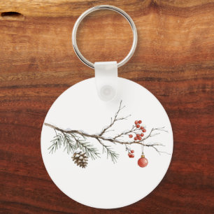 Snowy Christmas Branch with Ornament for Christmas Key Ring