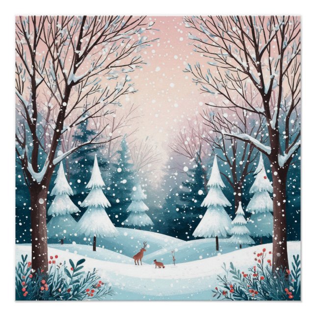 Snowy Christmas Cabin With Glowing Tree Poster (Front)