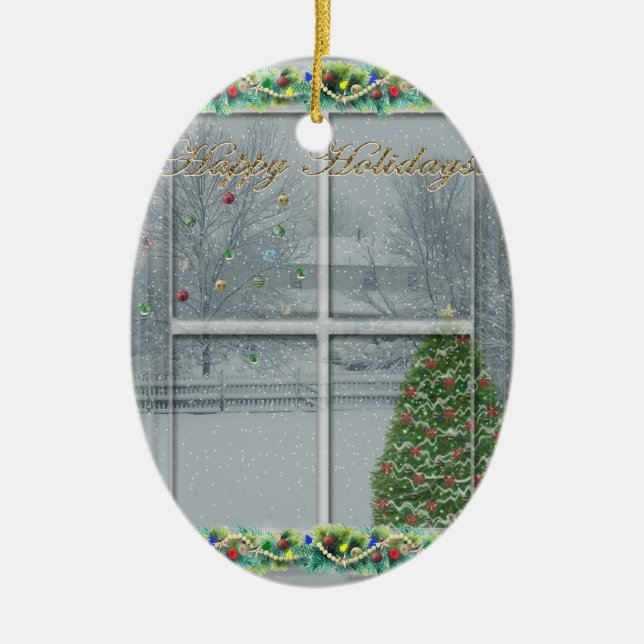 Snowy Christmas Ceramic Ornament (Front)